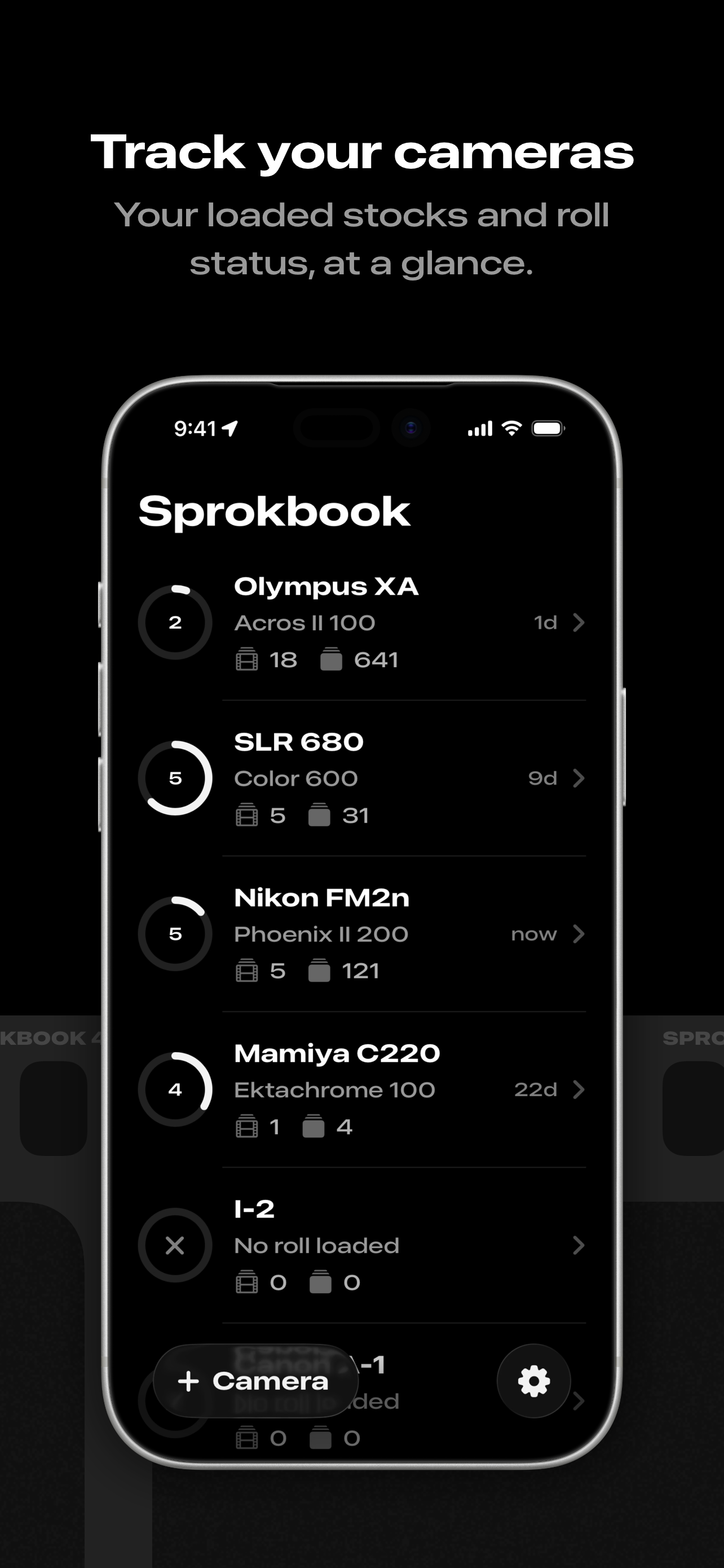Camera list showing loaded film stocks and roll progress